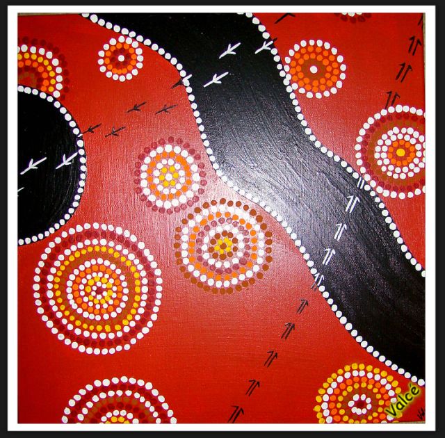 tableau aborigene, trace kangourous, australie peinture, émeu, symbole