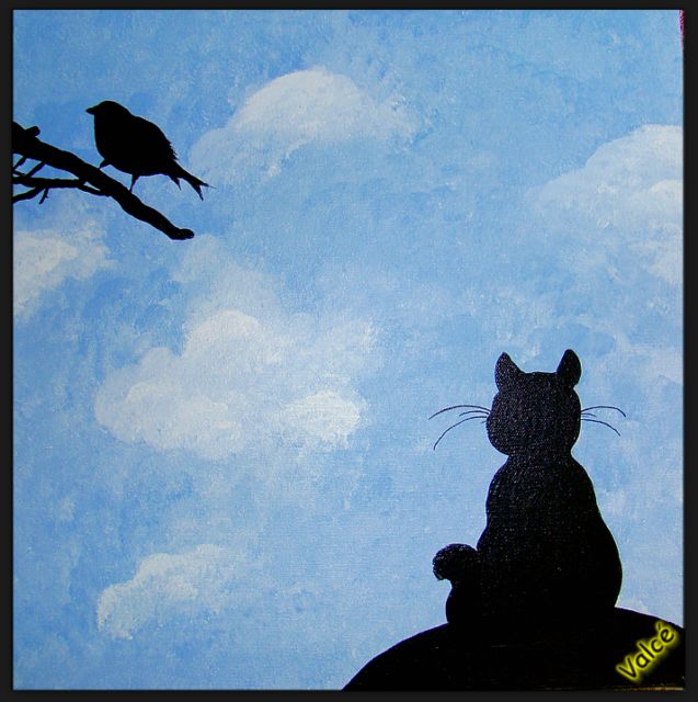 tableau chat, oiseau et chat, ciel, acrylique