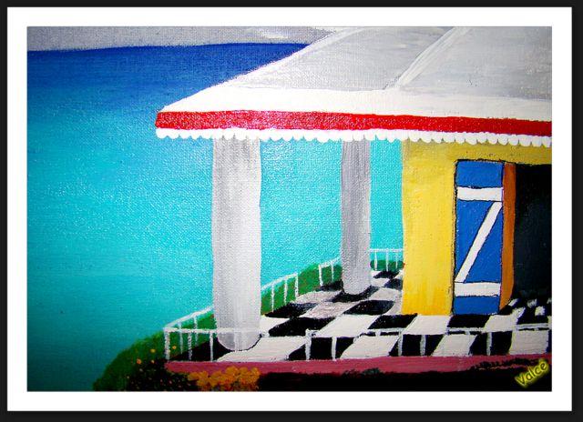 case creole, peinture acrylique, vue sur la mer